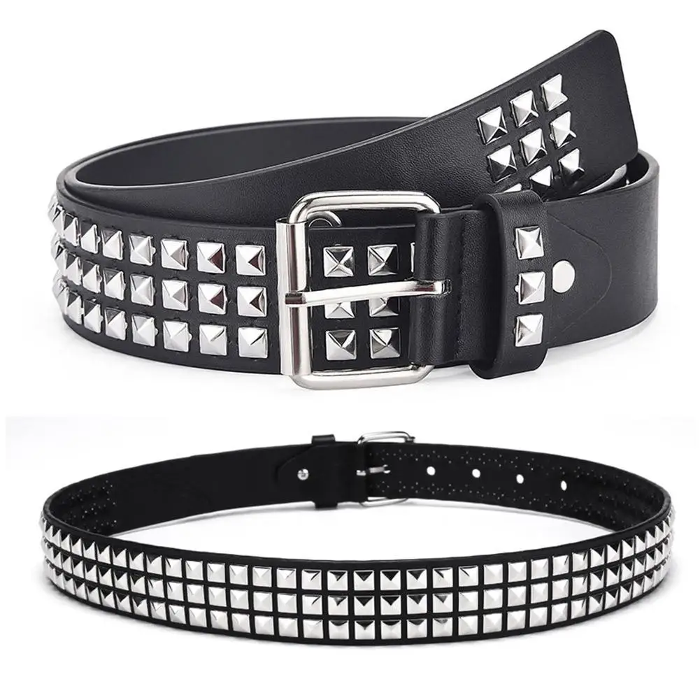 Punk Rivet Belt for Men Women Gothic Pyramid Metal Studded Leather Belt Luxury Square Bead Goth Waistband for Jeans Y2K 110cm
