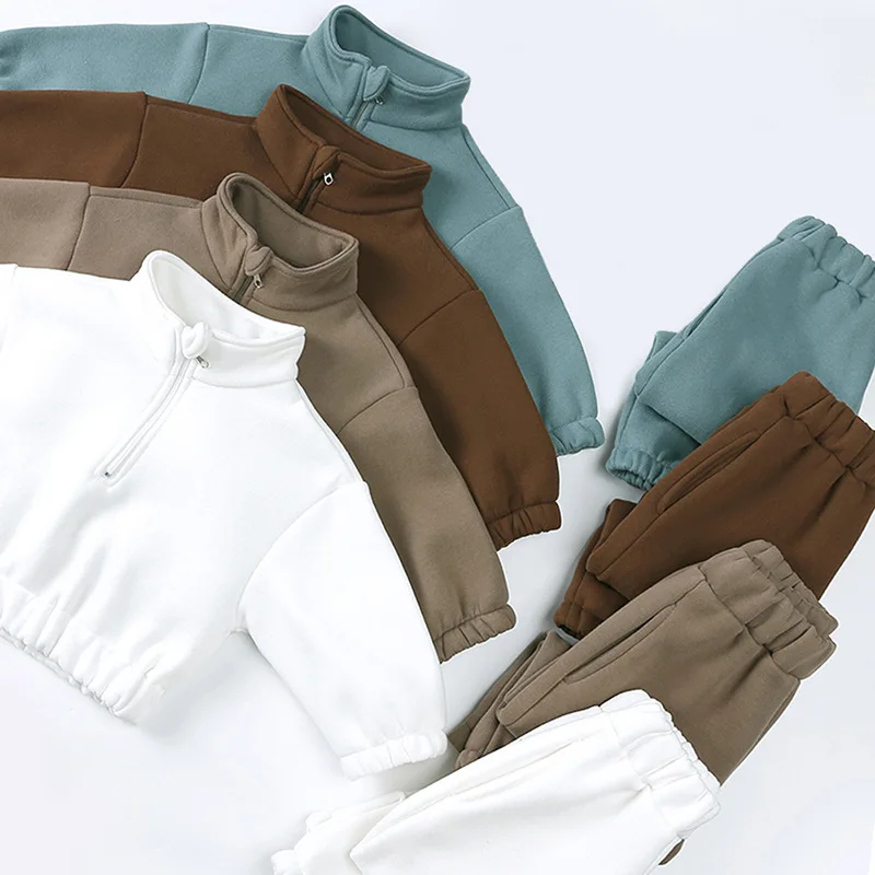 New Winter Boys and Girls Suit Fashion High-neck Semi-zipper Top Trousers Fleece Casual Suit Kids Clothes Sets Girls