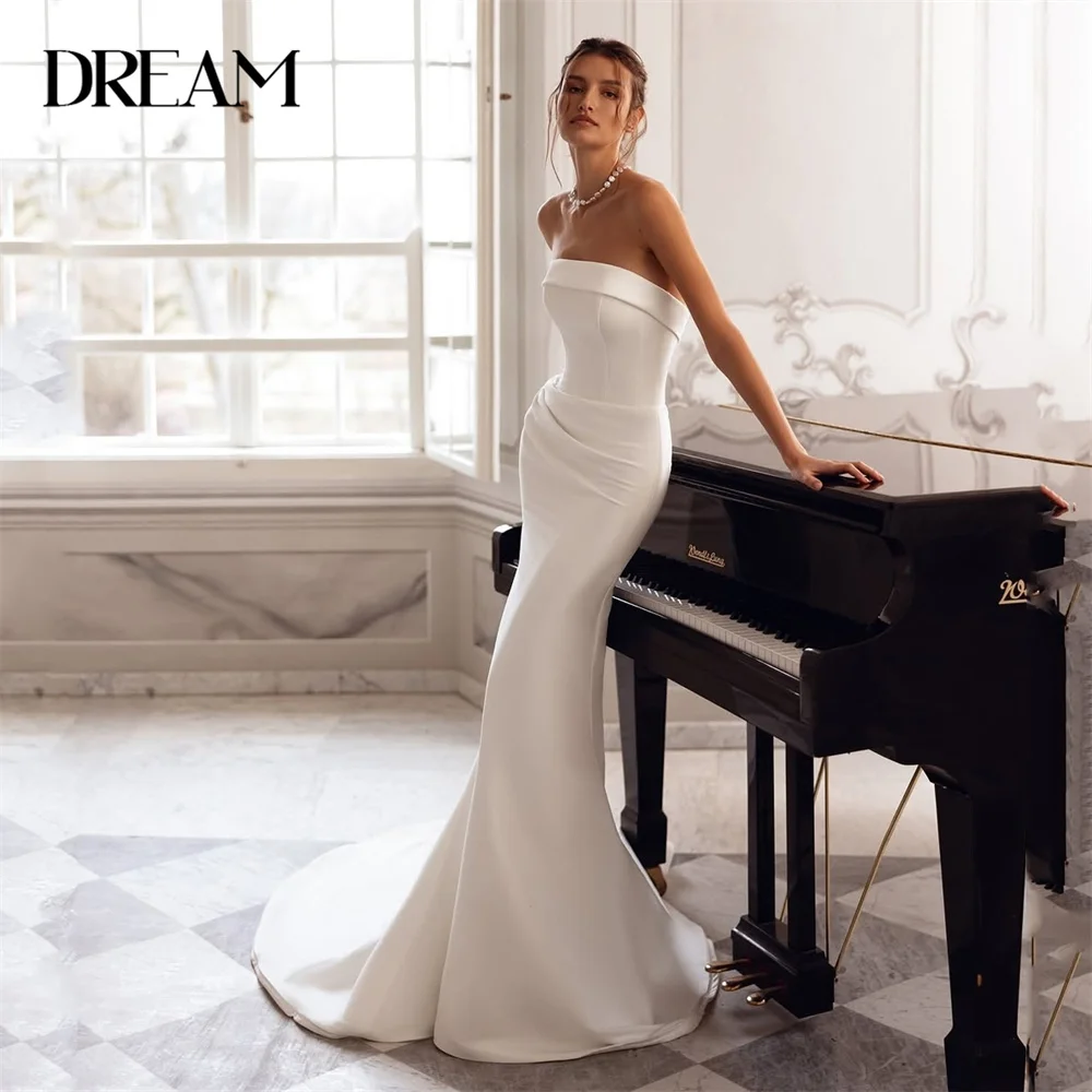

Elegant Strapless Mermaid Wedding Dress Women Long Sleeve Open Back Pleat Sweep Train Bridal Gown Vestido De Novia Customized