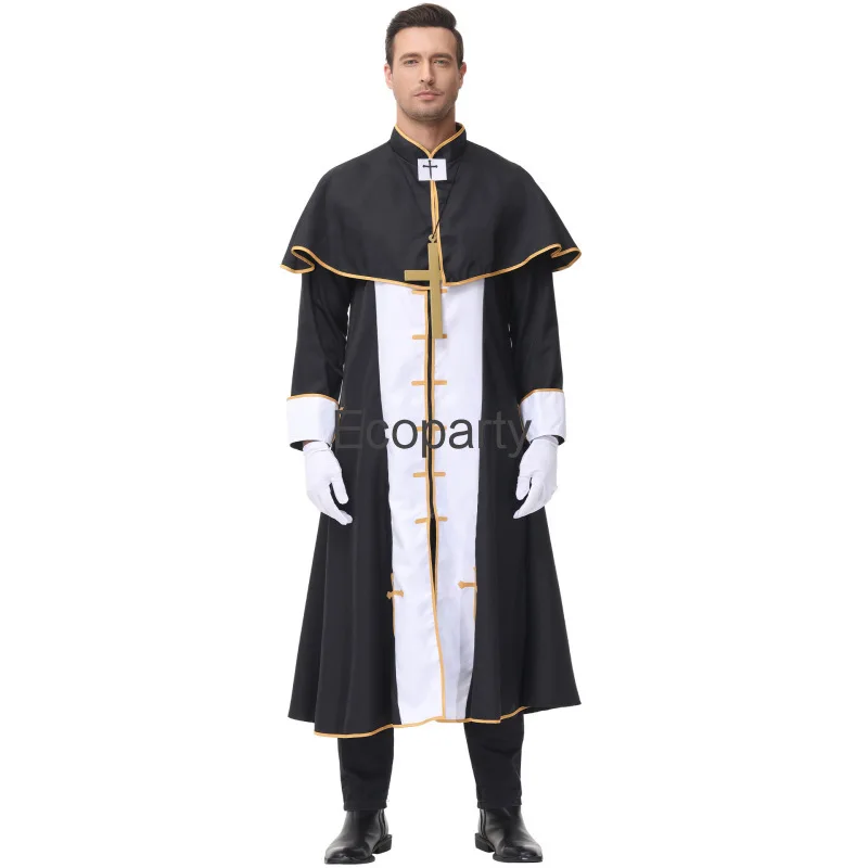 Novo traje de pastor religioso de Halloween para homens e mulheres, freira medieval, padre, fantasias de bispo, festa adulta de Purim, fantasia