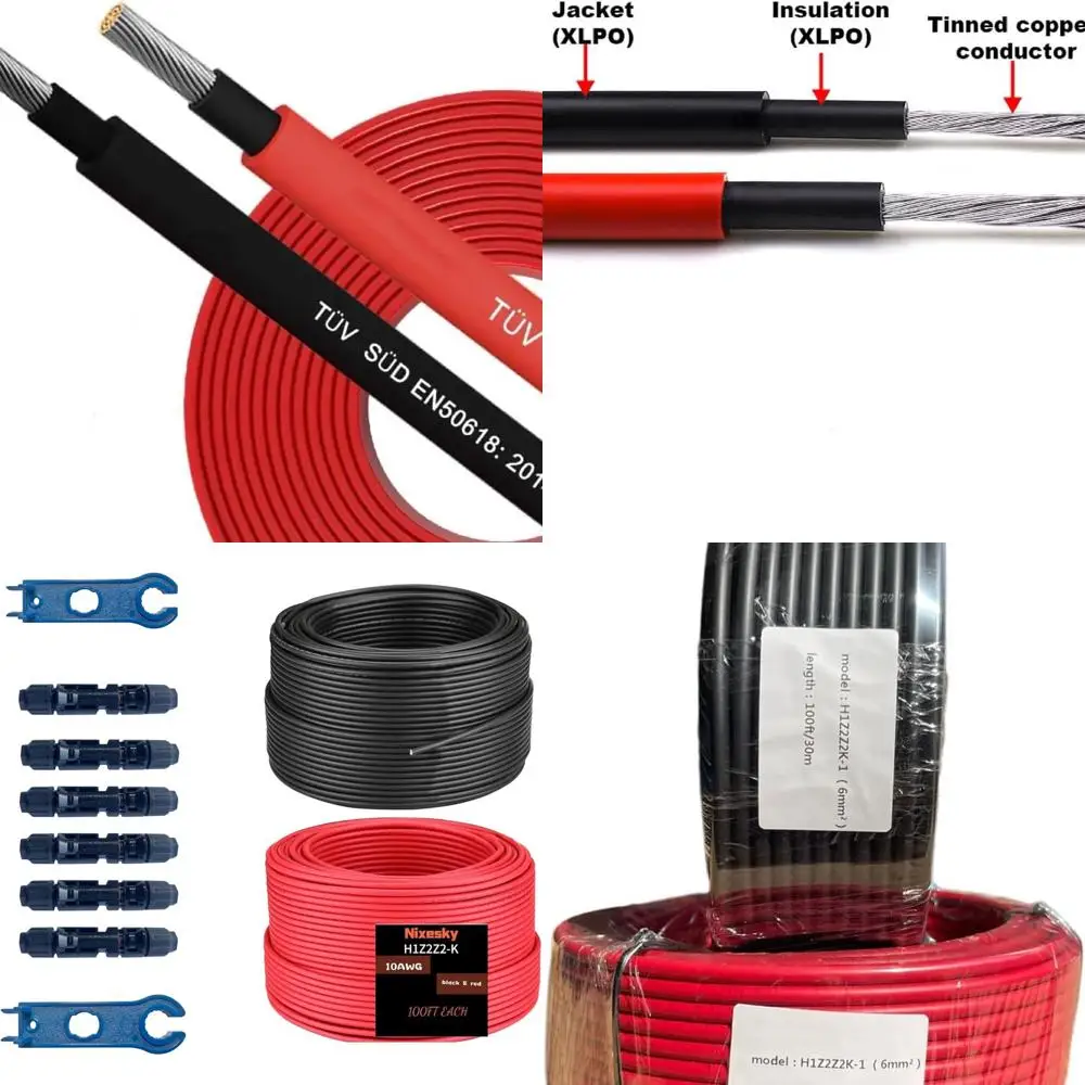 كابل الطاقة الشمسية 50Ft 15M 10 awg سلك، 50FT أسود + 50FT أحمر 10 مقياس سلك كابل تمديد الطاقة الشمسية مع 4 أزواج موصلات الطاقة الشمسية لـ RV