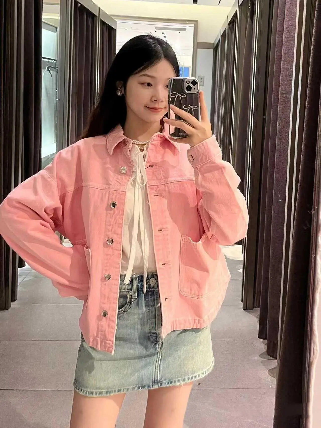 

Spring Autumn New Women's Loose Fit Denim Jaet Stand Collar Pink Workwear Sle Outerwear Single Piece Cotton Long Sve