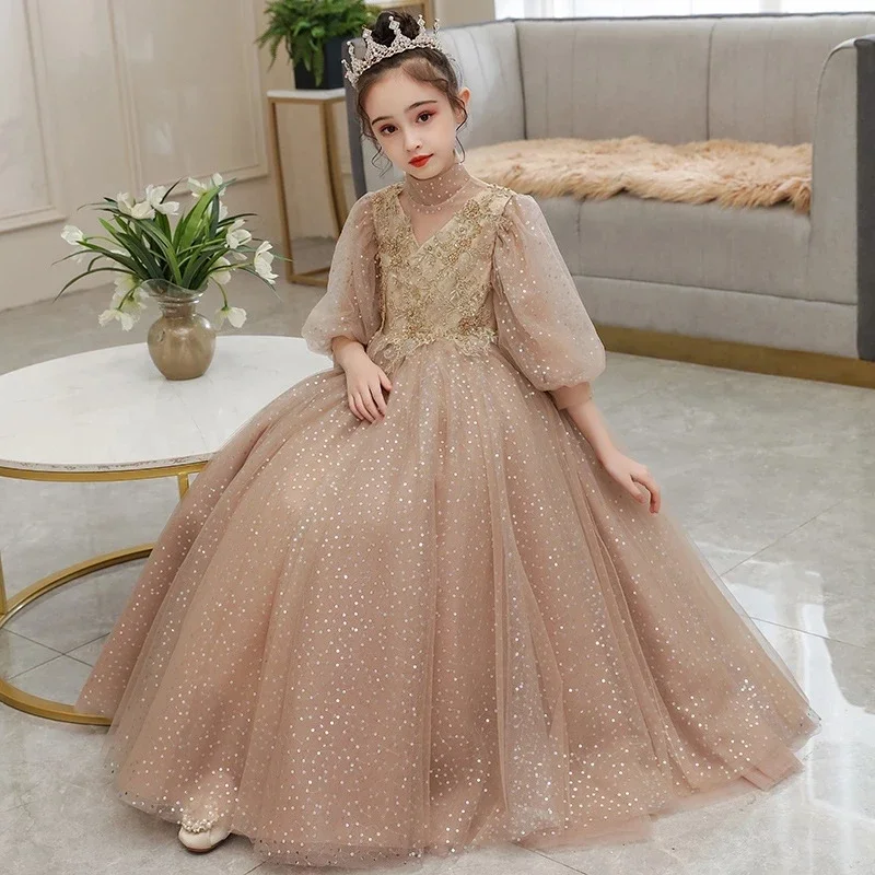 Vestido de noche de princesa con lentejuelas para niña, Vestido largo de primera comunión con flores, vestido de baile para bebé, disfraz elegante y esponjoso, 2024