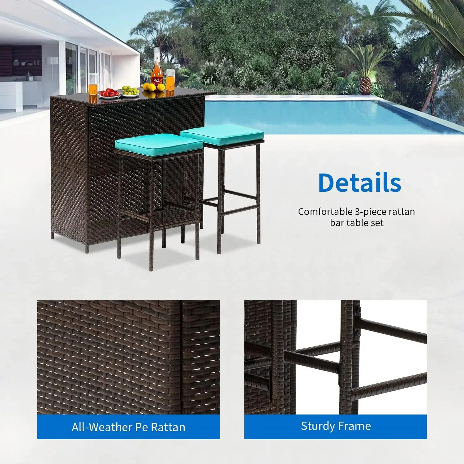 Wicker Patio Bar Set, Mobília ao ar livre, Bistro Set com 2 fezes, Pátio Quintal Varanda e 3Pcs