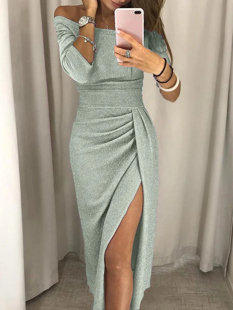 2023 New Women\'s Off Shoulder Long Sleeve Bodycon Evening Party Long Dress Asymmetrical Split Pencil Dresses S M L XL XXL