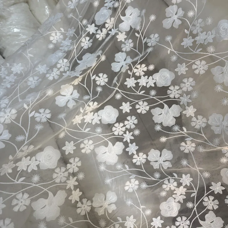 

White Lace Embroidered Mesh Fabric for Wedding Dress Background Decoration Cloth Diy Per Meter Sewing Material Wholesale