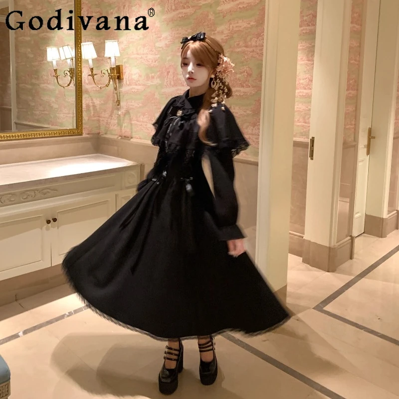 

Black Clear Style Cape Dress for Women Japanese Style Sweet Thickened Long Dress Female Autumn Winter Lolita Wool Dress