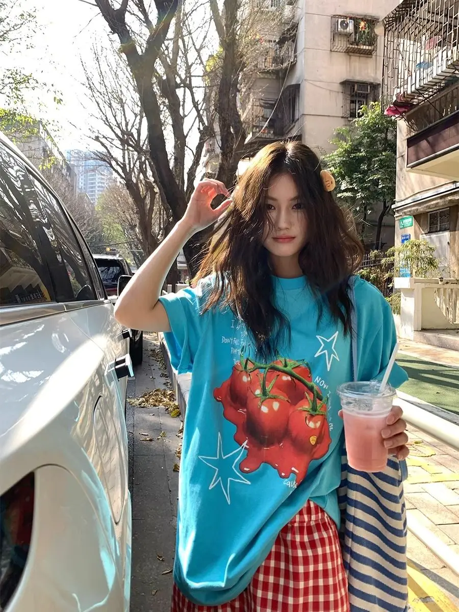 Onalippa American Tomato Print Lake Blue Short Sleeved T-shirt Women Summer 2026 New Loose Versatile Slimming Top Ins view 5