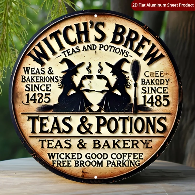 2D Flat, 1pc Wicked Good Coffee & Witch's Brew Metal Wall Sign - Vintage Witch-Themed Potions, Teas & Broomstick Design - Free B