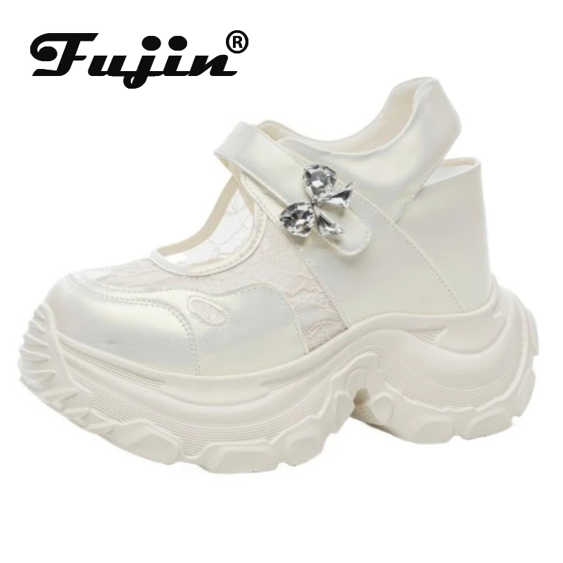 

Fujin 12cm Air Mesh Shoes Mules Shoes Mary Jane Women Summer Sandals Chunky Sneakers Microfiber Platform Wedge Hollow Slides