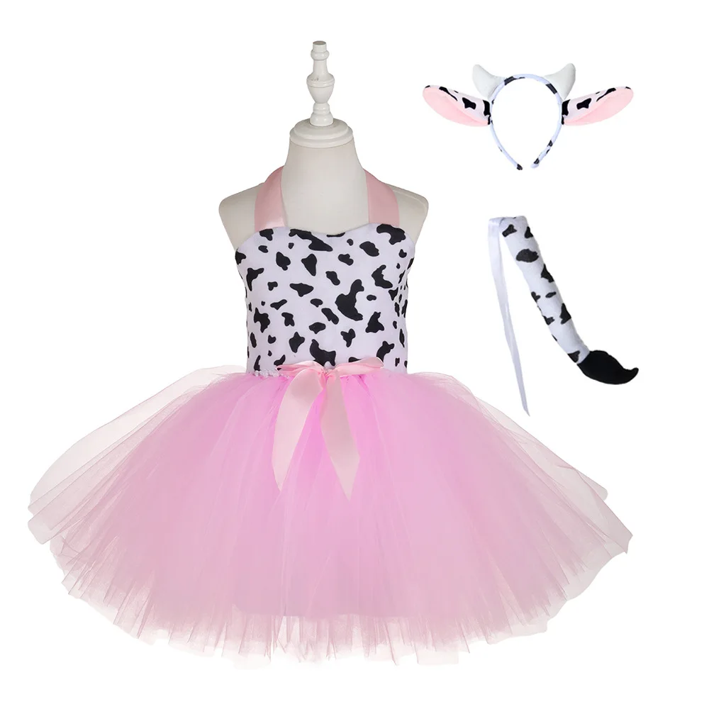 Girl Pink Cow Cute Mesh Tutu Dress With Accessories Little Animal Themed Party School Stage Performance Halloween Holiday Outfit
