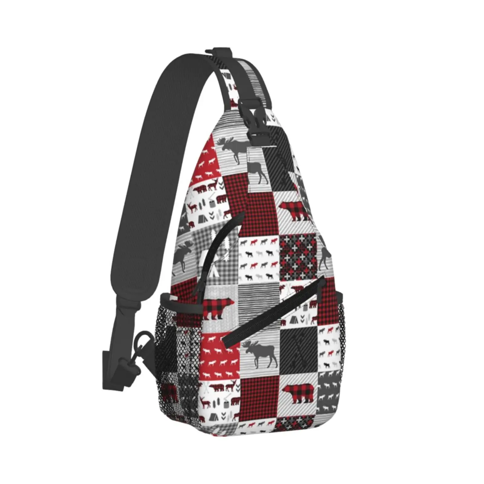 Bear Deer Checkered Pattern Outdoor Sling Backpack Crossbody Chest Bag Daypack for Hiking Travel Unisex Chest Bag Daypack
