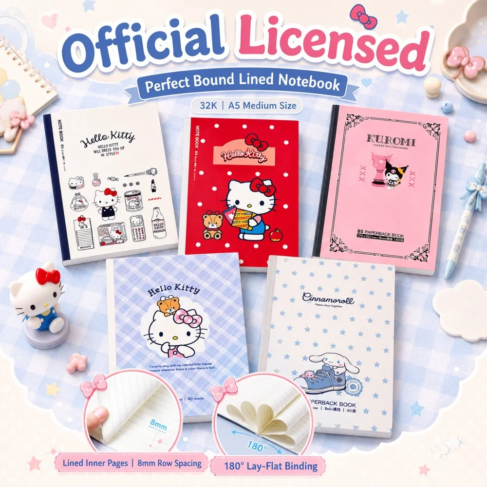 Genuine Sanrio Hello Kitty Notebooks Cute Kuromi Cinnamoroll A5/A6/B5 Lined Planners Notepad Journal For Daily School Office Use