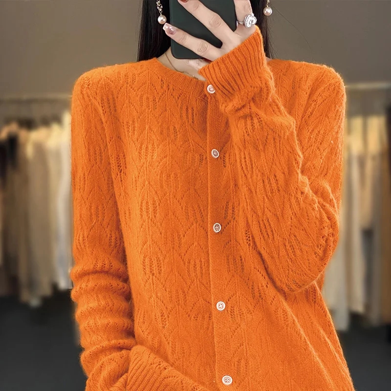 100% Merino Wool Clothing Women\'s Knitting POLO Collar Cardigan Spring and Autumn Casual Loose Shirt Jacket Korean Fashion