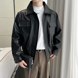 High-quality men's PU leather solid color windproof, waterproof jacket, daily fashion casual outerwear, zipper leather jacket.