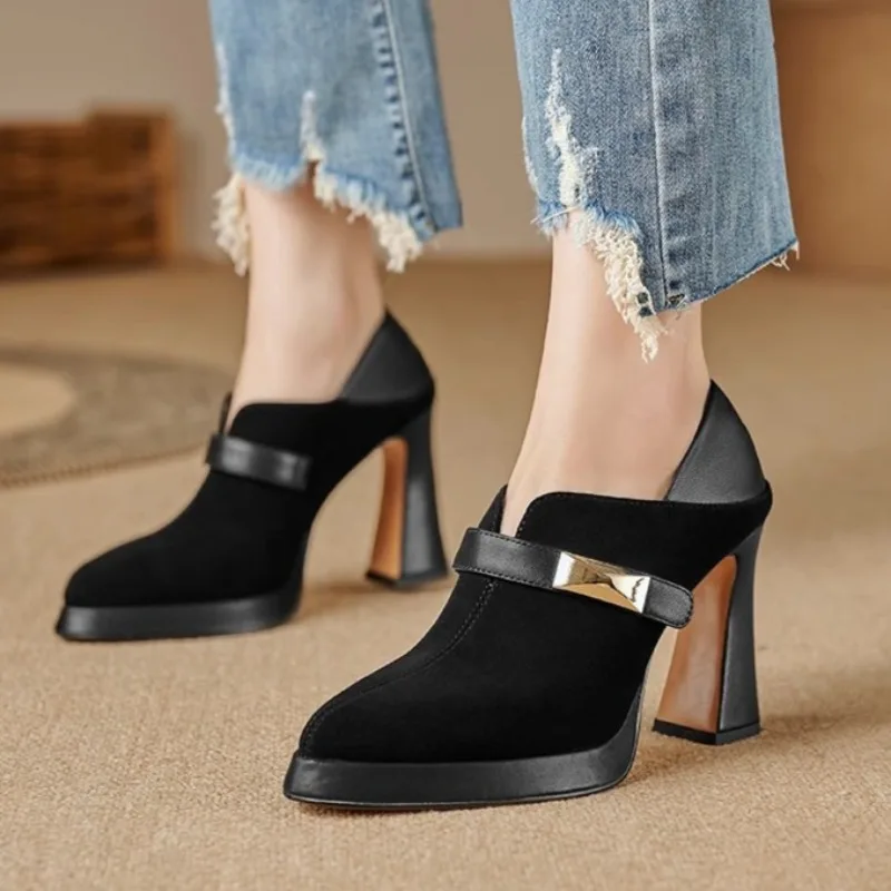 

Women's autumn new suede waterproof designer high heels outdoor leisure comfortable shallow mouth sexy pointed high heels size39