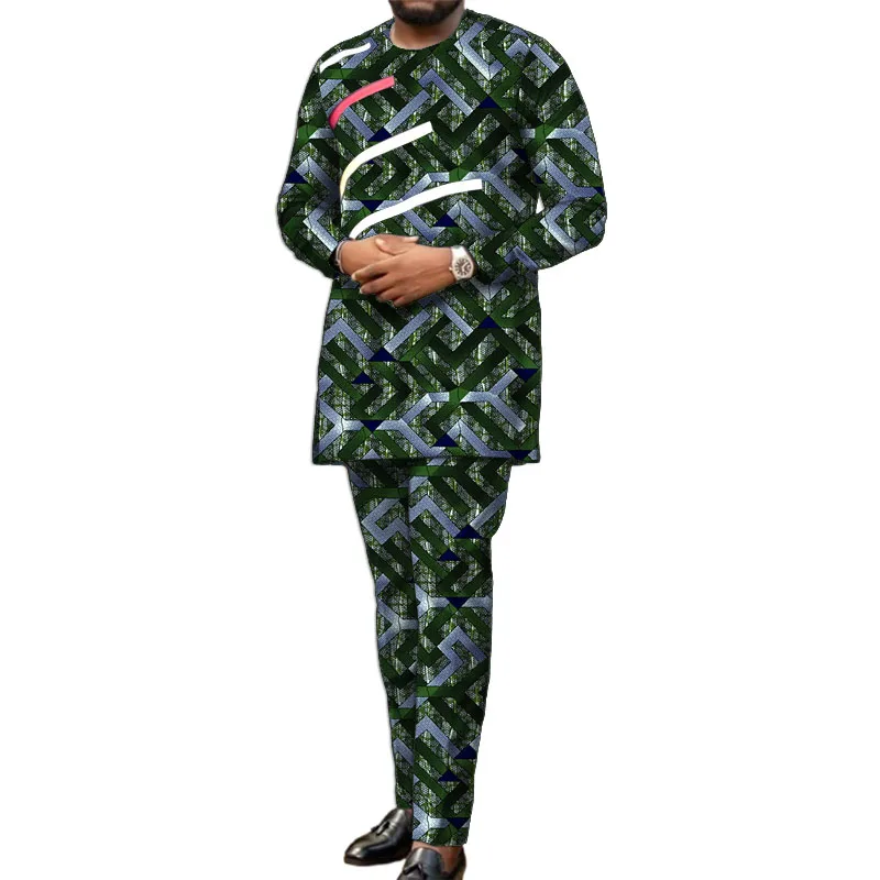 Long Sleeves African Clothes Men Set Nigerian Style Colorful Stripe Patchwork Tops With Pant Groom Suit Male Traditional Outfit