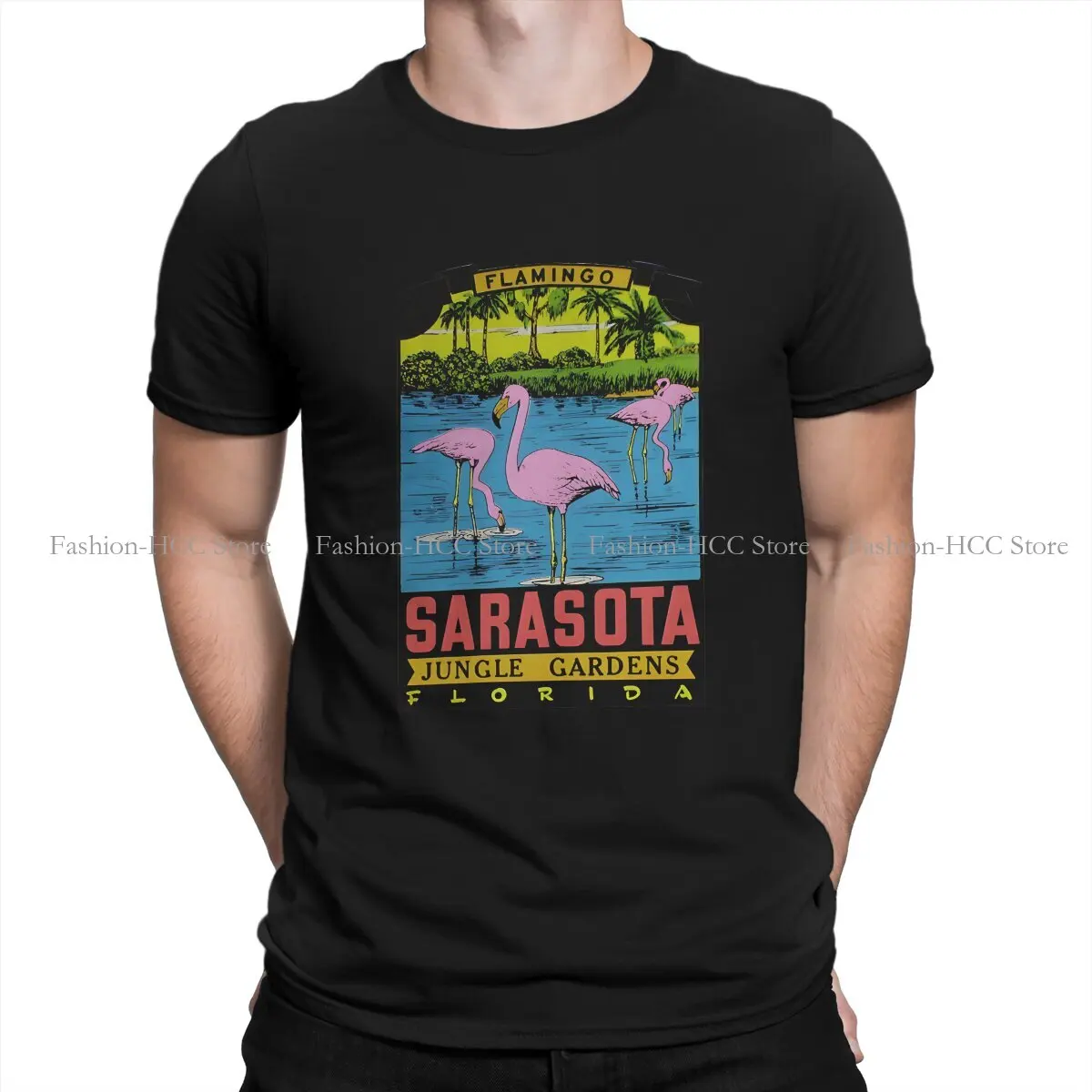

Sarasota Jungle Gardens Florida Travel Decal Round Collar TShirt Flamingo Animals Original Polyester T Shirt Man's Clothes