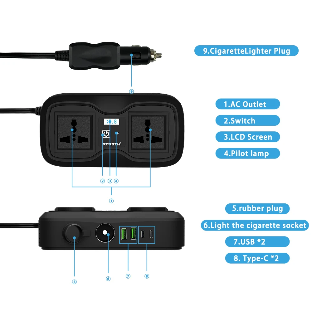 200W Car Inverter Auto Adapter Converter DC 12V to AC 220V With Smart Real Time Led Digital Display Dual Universal Socket QC3.0