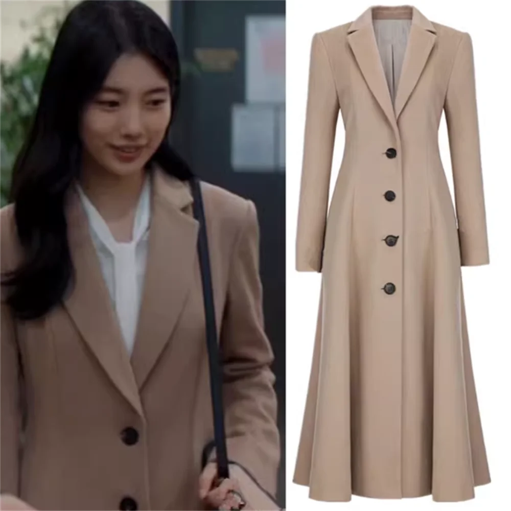 Khaki woolen coat women Single breasted long suit coat abrigo de mujer