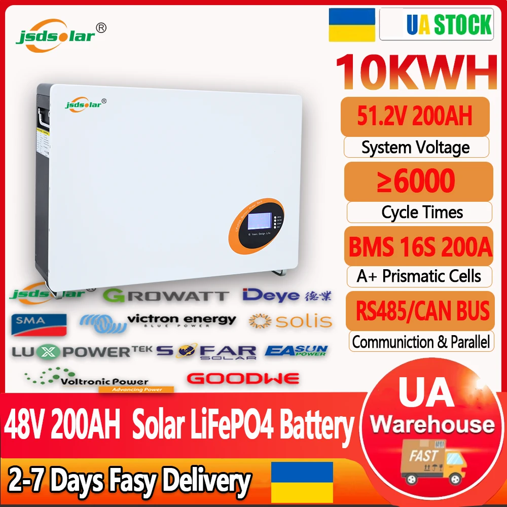 Jsdsolar 48V 200Ah LiFePO4 Battery Pack 10Kwh Solar Storage System 6000+ Cycles GradeA 16S Built-in BMS RS485/CAN Powerwall