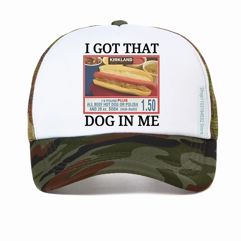 حصلت على هذا الكلب في لي كوستكو قبعة جرافيك مضحك كيركلاند هوت دوج ميمي قبعة بيسبول الرجال النساء شبكة تنفس قبعات الصيد
