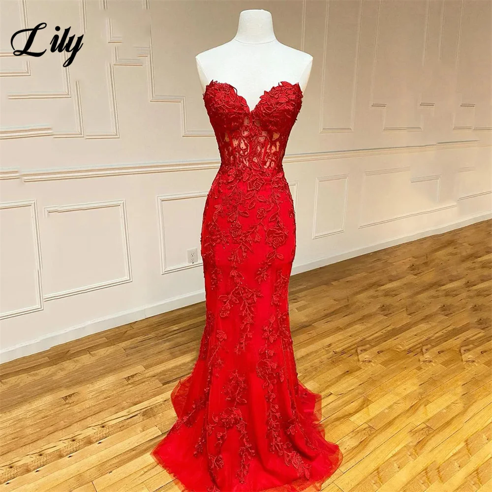 Lily Appliques Red Prom Dresses Sweetheart Mermaid Party Dress Lace Up Back Evening Dress Sweep Train Lace فستان سهرة نسائ