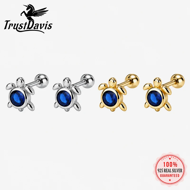 TrustDavis 925 Sterling Silver Turtle Earrings Cute Sea Turtle Blue Cubic Zircon Screw Earrings For Women Jewelry Gift DS4993