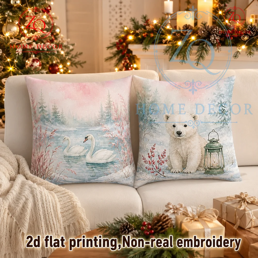Winter Wonderland Watercolor Throw Pillow Cover Cute Swan Snowy Lake Scene Cushion Case Farmhouse Christmas Home Decor