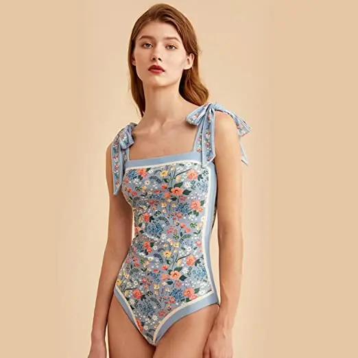 Women Floral One Piece Swimsuits, Reversible Tie Shoulder Monokini, Tummy Control Bathing Suits, Square Neck Swimwear