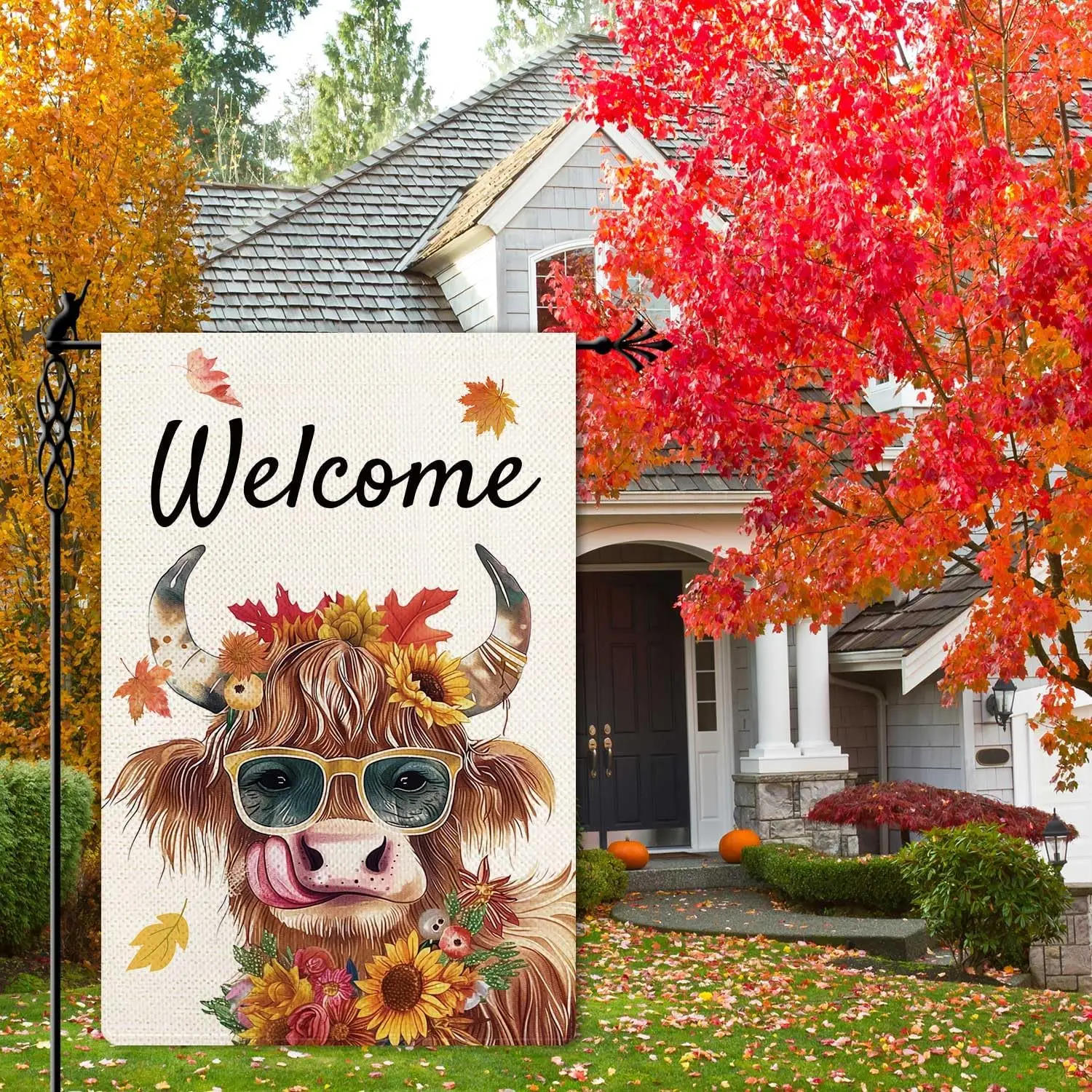 Welcome Highland Cow Garden Flag Autumn Maple Leaf Garden Flag Harvest Vertical Double Sided Rustic Farmland Burlap Yard Law yyi