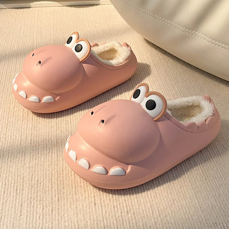 Wrap Heel Dinosaur Cotton Home Slippers Women 2022 Winter Warm Thick Sole Indoor Household Plush Slipper Man Funny Animal Shoes