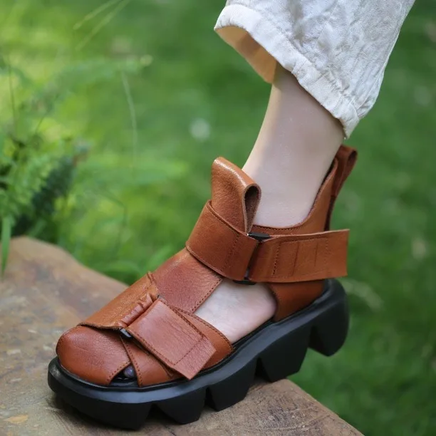 Birkuir Closed Toe Platform Sandals Women Thick Heel Hook Loops High Top Sandals Genuine Leather Flat Heel Light Weight Slides
