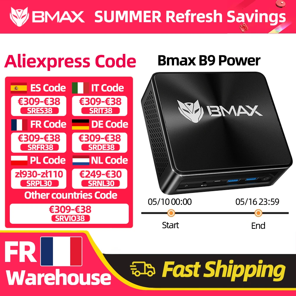 Mini PC BMAX B9 Power, Intel Core i9-12900H, 14 cœurs, max 5,0 GHz, 24 Go de RAM, 1 To SSD, WiFi 6, Bluetooth, HDMI, USB