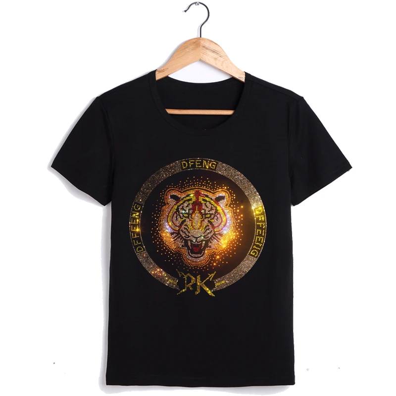 Fashion t shirts tiger print rhinestones feminine sexy cotton ladies tee shirt pullover top high quality shirt