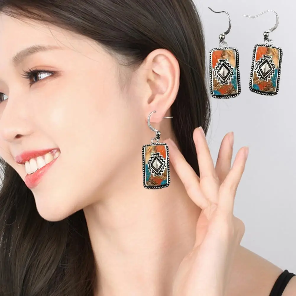 Oblong Shape Earrings Casual Outfit Matching Earrings Bohemian Vintage Ethnic Style Dangle Earrings with Faux Turquoise for Prom