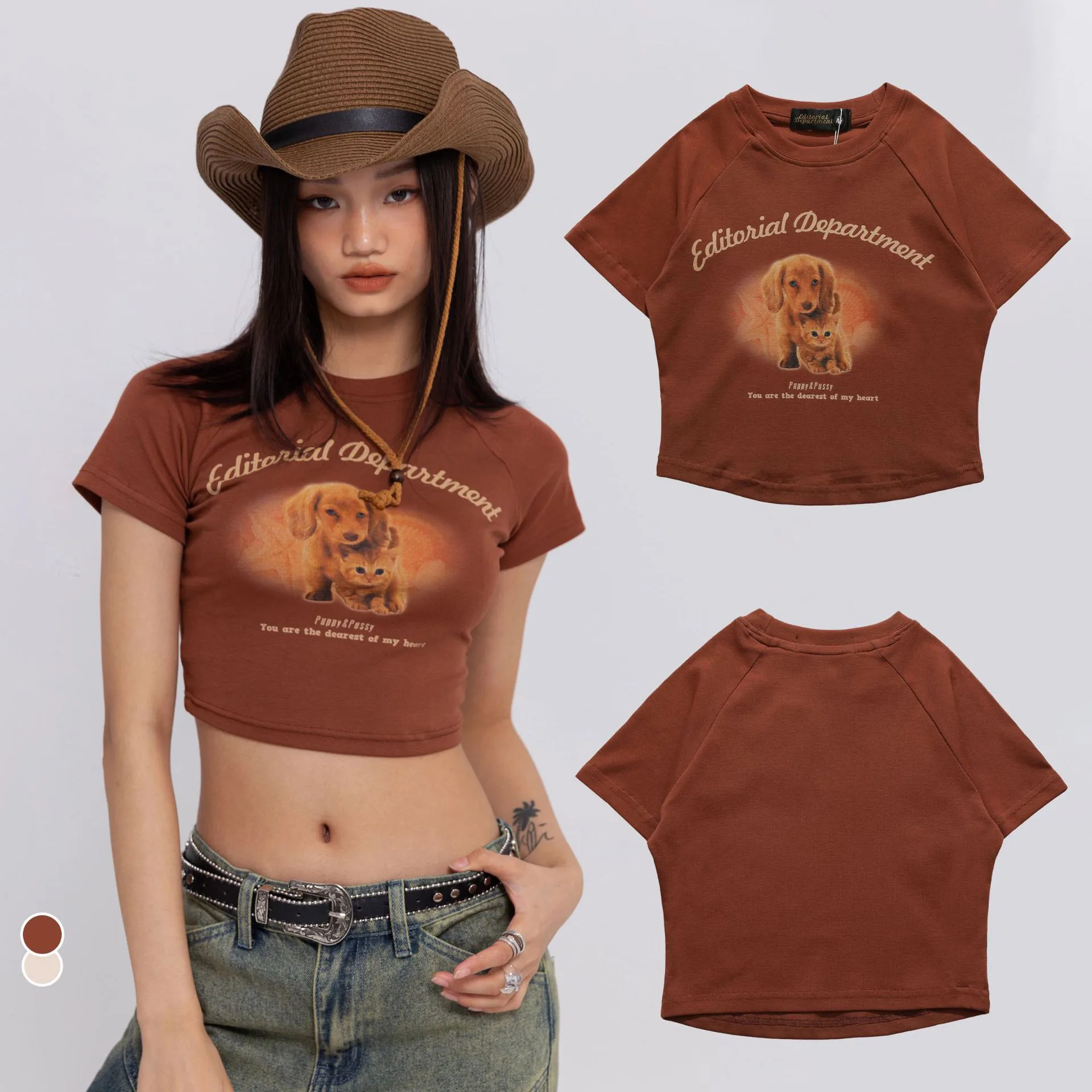 Fashion piece Millennium Spicy Girls Style Ultra Short Women's T-shirt Street Fashion Wear Print Slim Fit Casual Top T-shirt