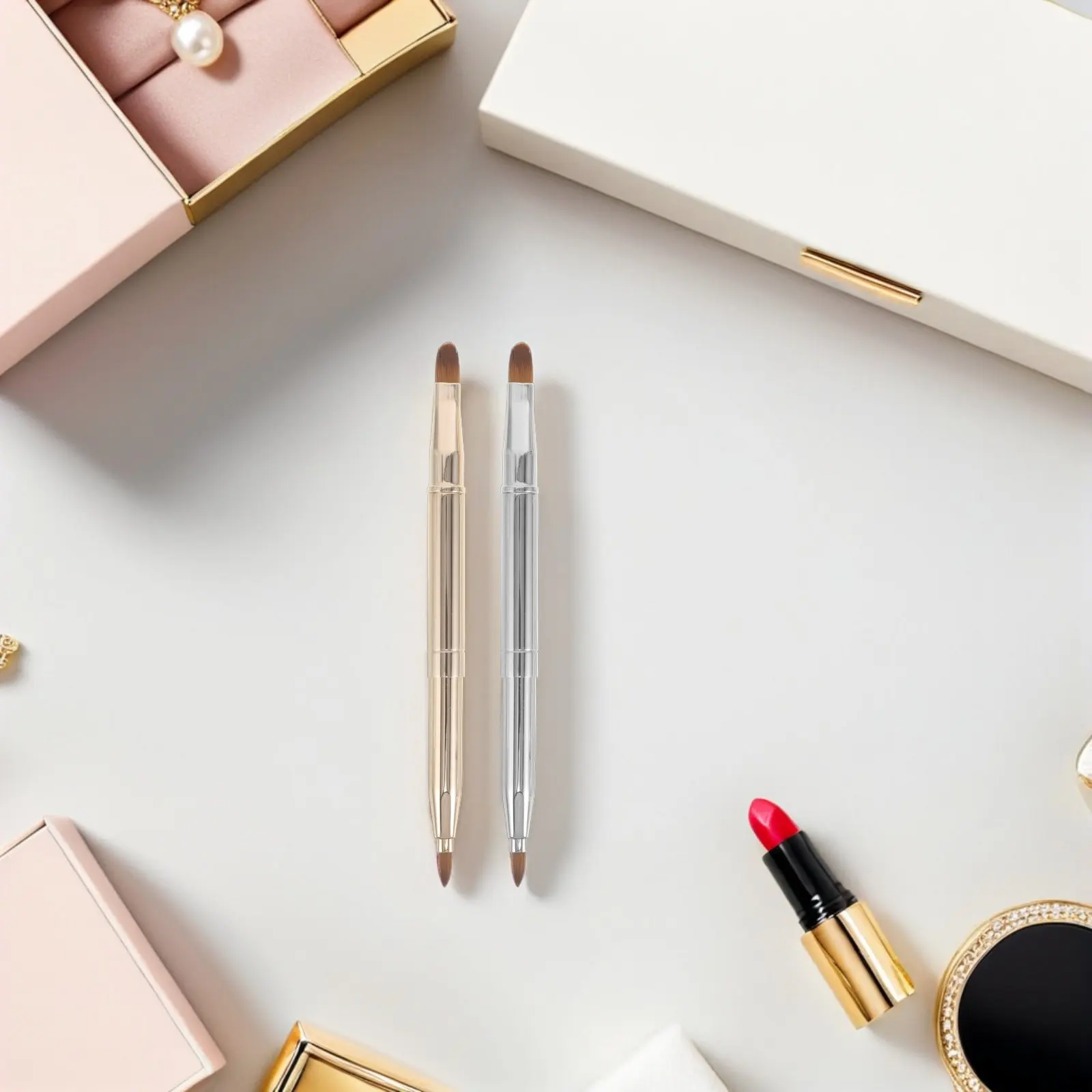 

2Pcs Retractable Metal Lip Brush Double-Ended Lip Liner Brush Lipstick Applicator with Cover Travel Friendly Compact Hygienic