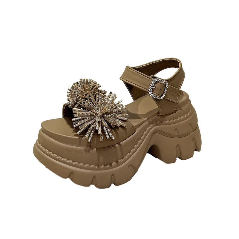 

8cm Women's Platform Sandals Thick Heel Novelty Roman Diamond Embellished Flat Shoes Casual Style Square Head Net Cloth Lining