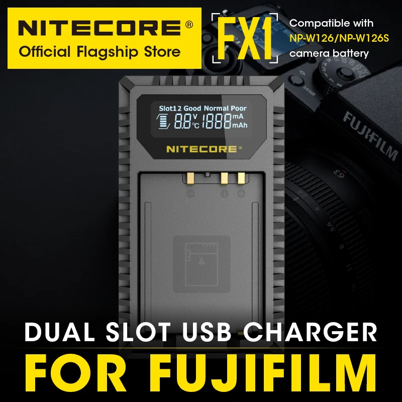 NITECORE-cargador inteligente FX1 para cámara, dispositivo con doble ranura, USB, LCD, salida de 1000mAh, para batería de NP-W126 NP-W126S Fujifilm