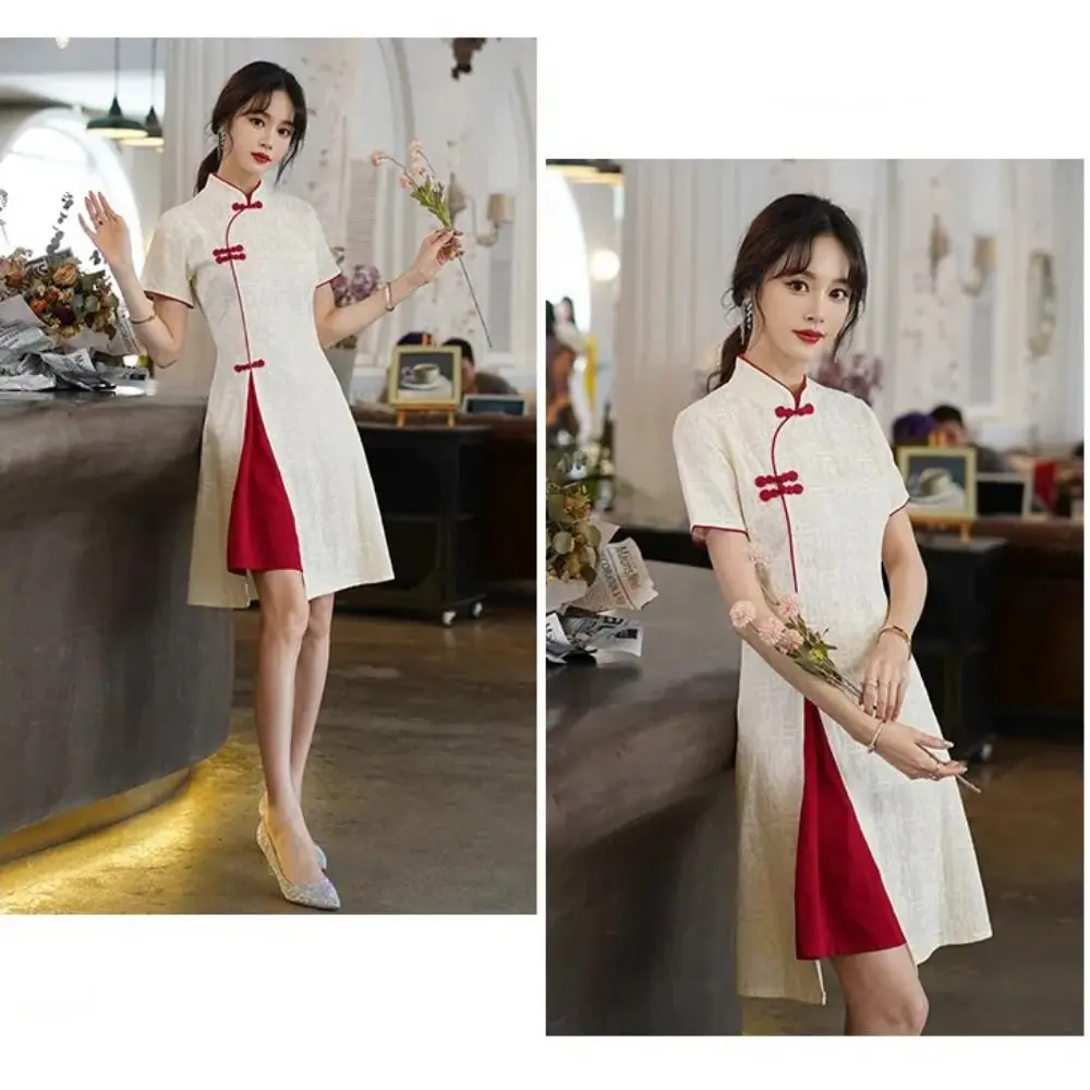 

Платье Ципао с воротником-стойкой и короткими рукавами, китайское шикарное традиционное китайское платье с длинной вилкой, повседневное классическое летнее платье Cheongsam