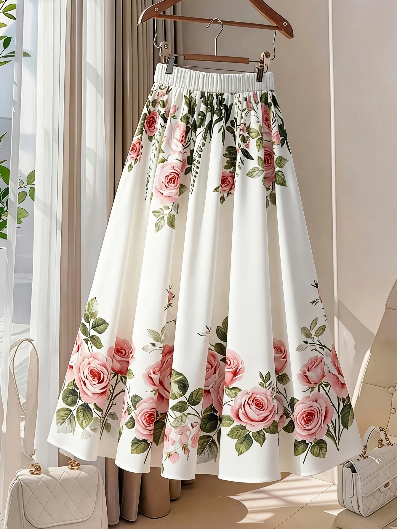 Women Floral Print Maxi Skirt Elastic High Waist A-Line Big Swing Flowy Long Skirt Tropical Hibiscus Rose Print  Skirts