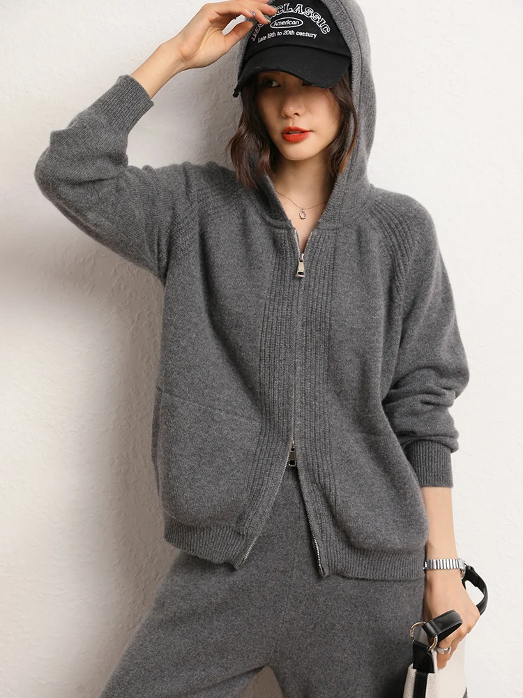 Women 100% Cashmere Sweater Hooded Cardigan Wide Leg Pants Suit Casual Loose Style Cashmere Knitwear Autumn Winter