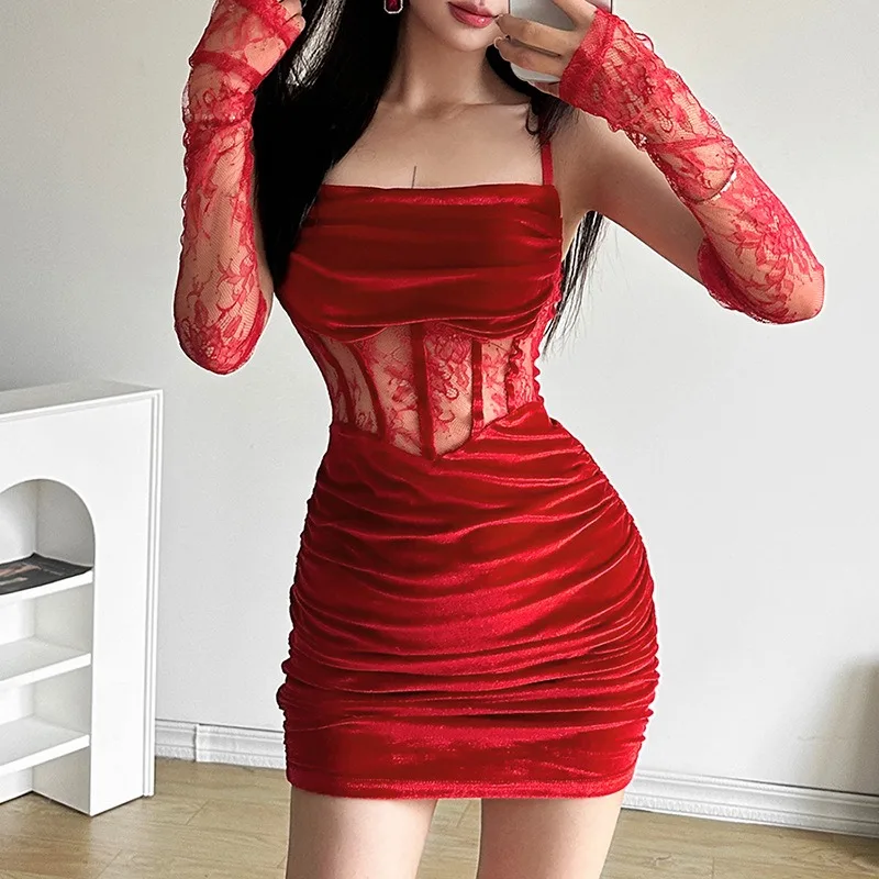 Sexy Bodycon Slim Velvet Dress Women Evening Wedding elegante Sling Backless Dresses Party Club Lace Patchwork Sheer Oversleeves