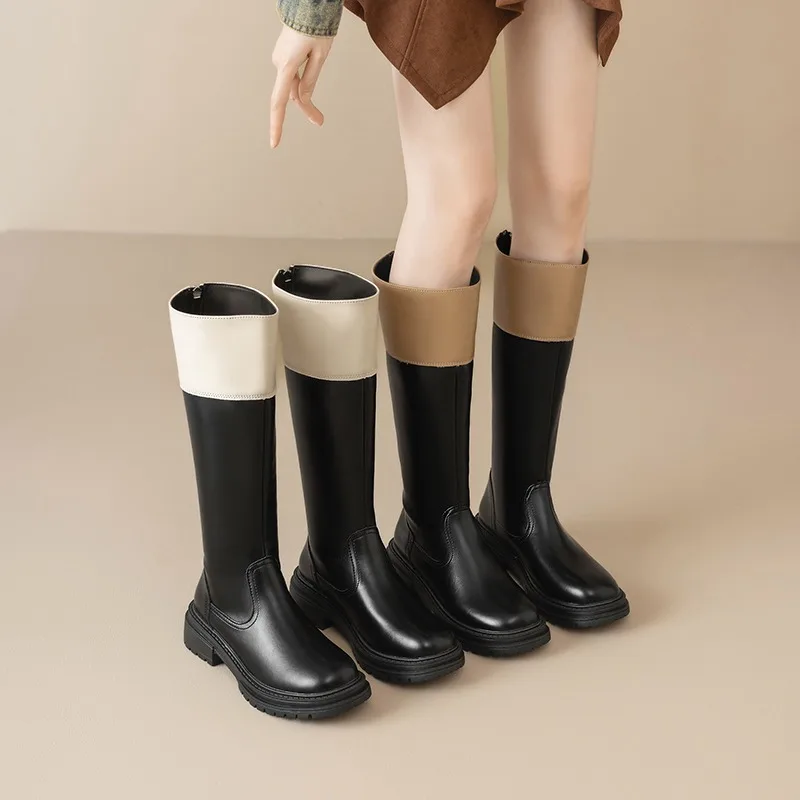 

2025 New Autumn and Winter Leather Medium Women's Boots, Color Matching Thick-soled Round Head Trend Fashion Boots Women's Shoes