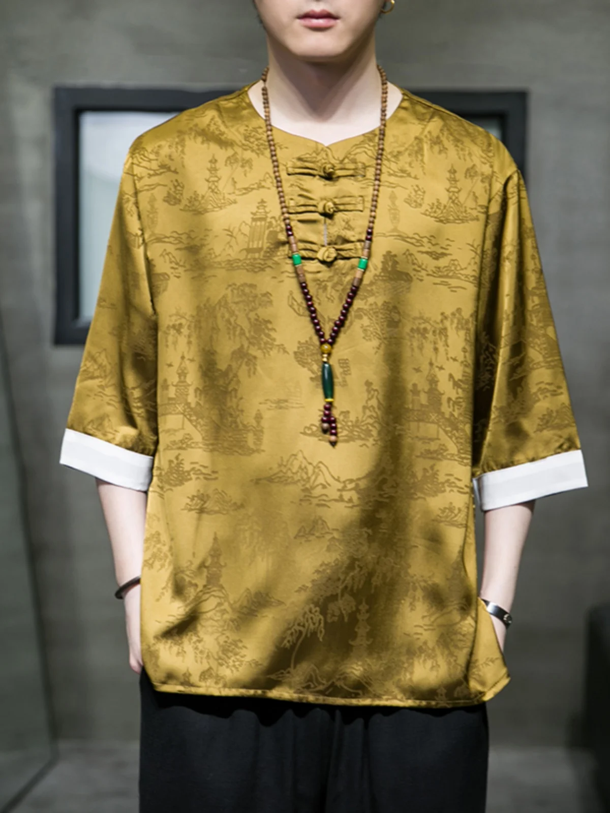 

New Chinese Sle Men's Ice Silk ort Sve T-irt Retro Button up Top Summer f Sve round Ne Loose Fit Cool Feeling