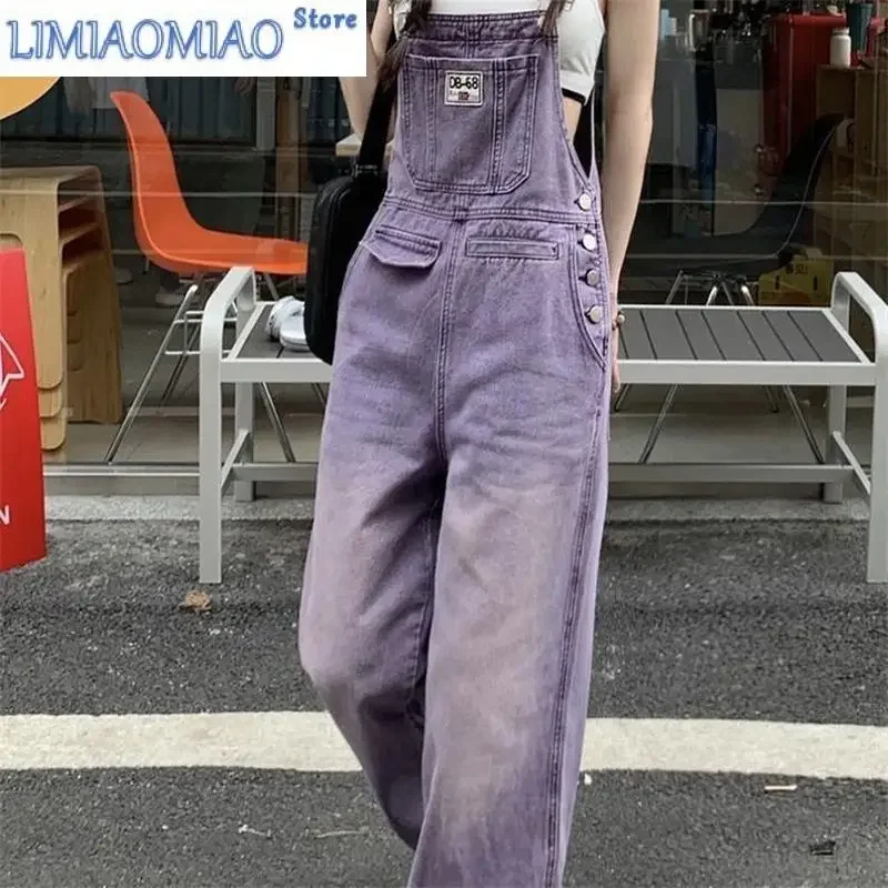 Women's High Waisted Straight Purple Jumpsuit Classic Vintage Overalls Fashion Girl Wide Leg Pants Female Baggy Rompers Trouser
