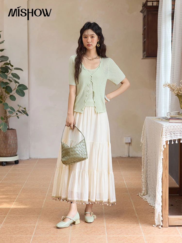 MISHOWผู้หญิงสีเขียวมิ้นท์ปลอม 2 ชิ้นแขนสั้นถักเสื้อสเวตเตอร์ถัก 2025 ฤดูร้อนสีทึบหลวมสบายMXE36Z1286