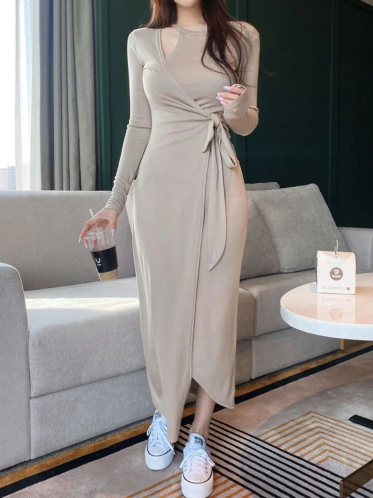 WOMENGAGA Korea 2022 Autumn Winter New Body Feminine Irregular Side Bandage Slim Sexy Split Dress Maxi Long Dresses  S8HD