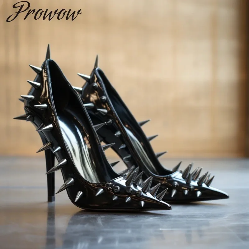 

New Rivets Decorated High Heel Shoes Black Matte Stiletto Heels Pointed Toe Punk Style Dress Pumps Spikes Heels